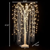 Romantic willow tree with hanging branches, pre-lit by delicate LED lights. Shown against a black background with labeled dimensions: 47.24 tall, 22.44 wide, 19.69 branch spread, and 7 base.