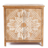 Wooden accent cabinet with two doors, featuring a large, symmetrical white geometric floral scroll work pattern painted on the natural wood finish.