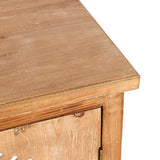 Close-up view of the top corner of an accent cabinet, highlighting the light brown natural wood finish, visible wood grain, and detailed hinge on the door.