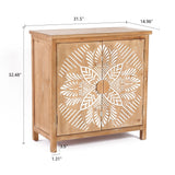A natural wood cabinet with white floral scroll work doors (31.5"W x 32.48"H x 14.96"D).