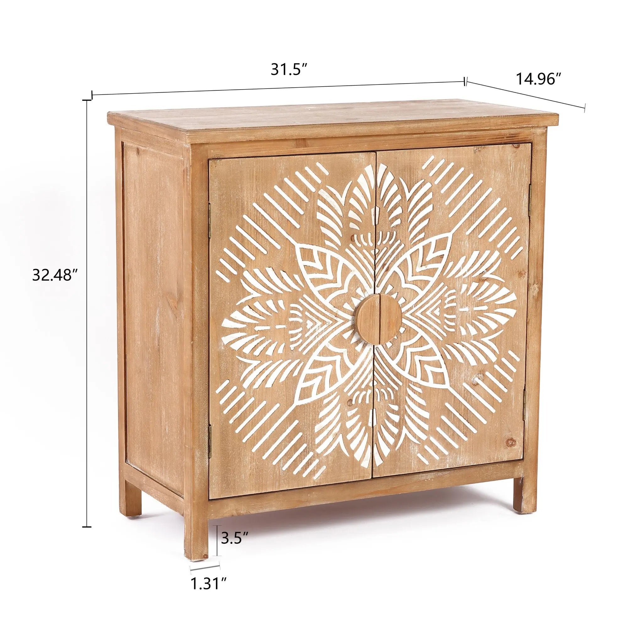 A natural wood cabinet with white floral scroll work doors (31.5"W x 32.48"H x 14.96"D).