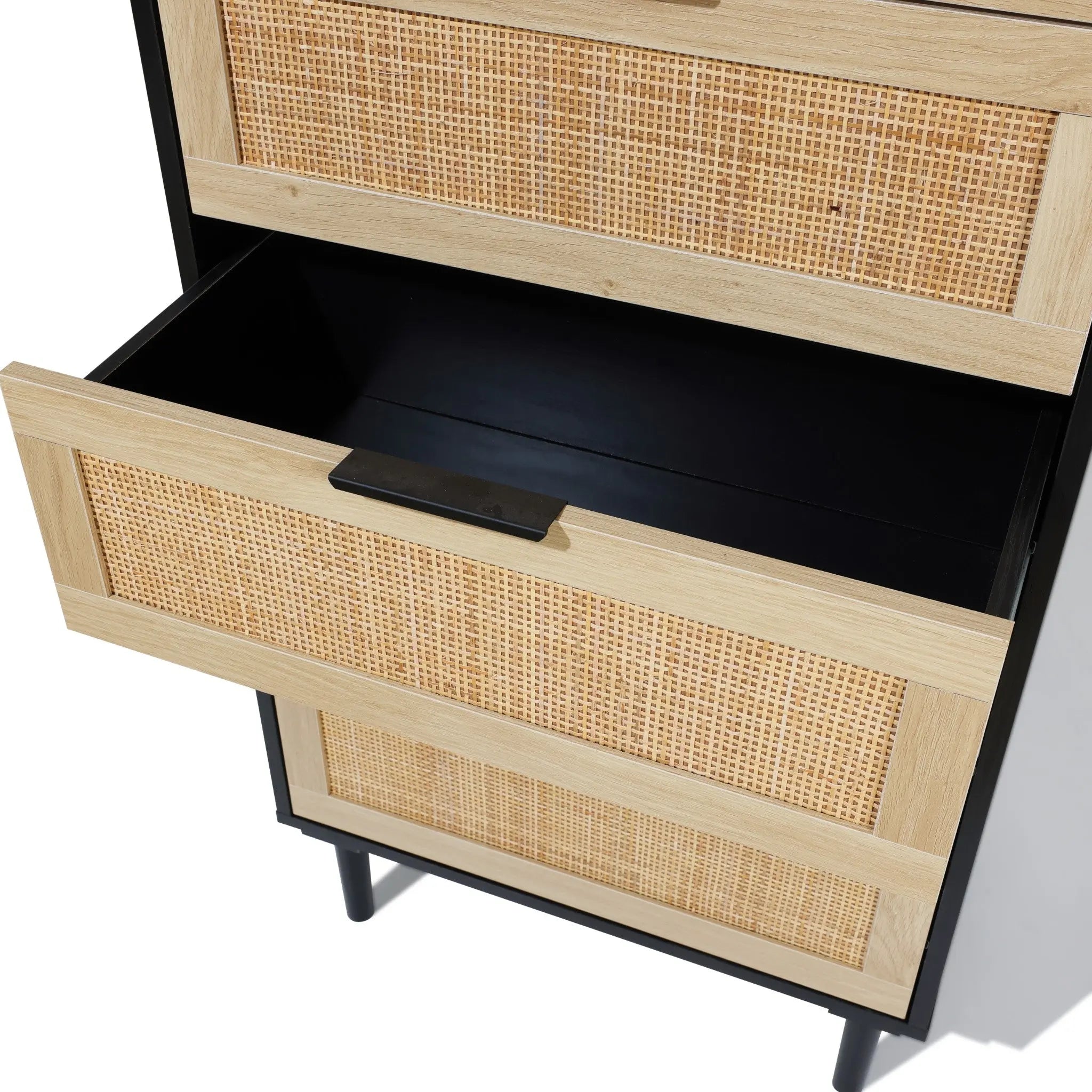 woven-rattan-drawer-opened-with-solid-black-wood
