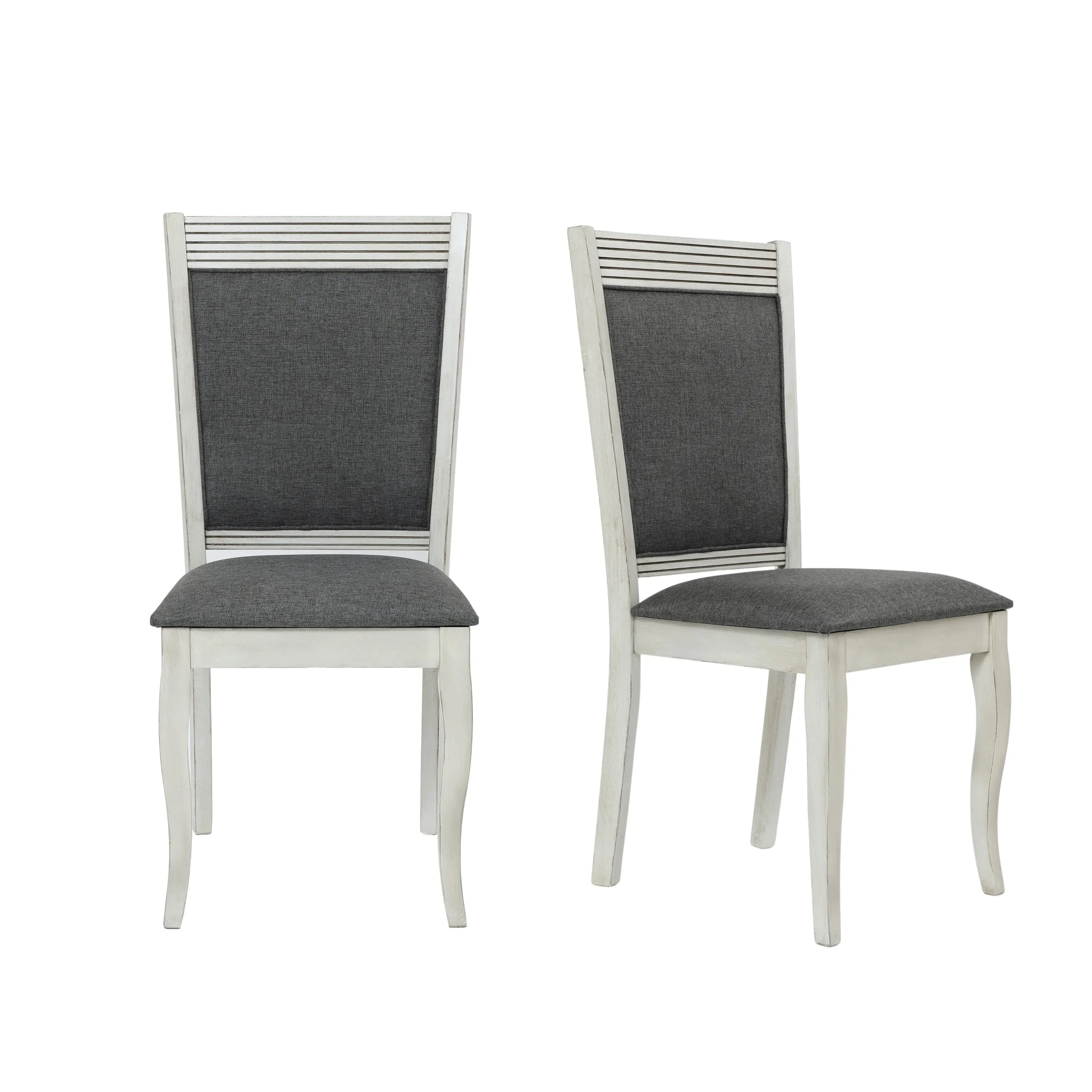 Modern Distressed Off White Rubberwood and Gray Upholstered Dining Chair, Set of 2 - LuxenHome