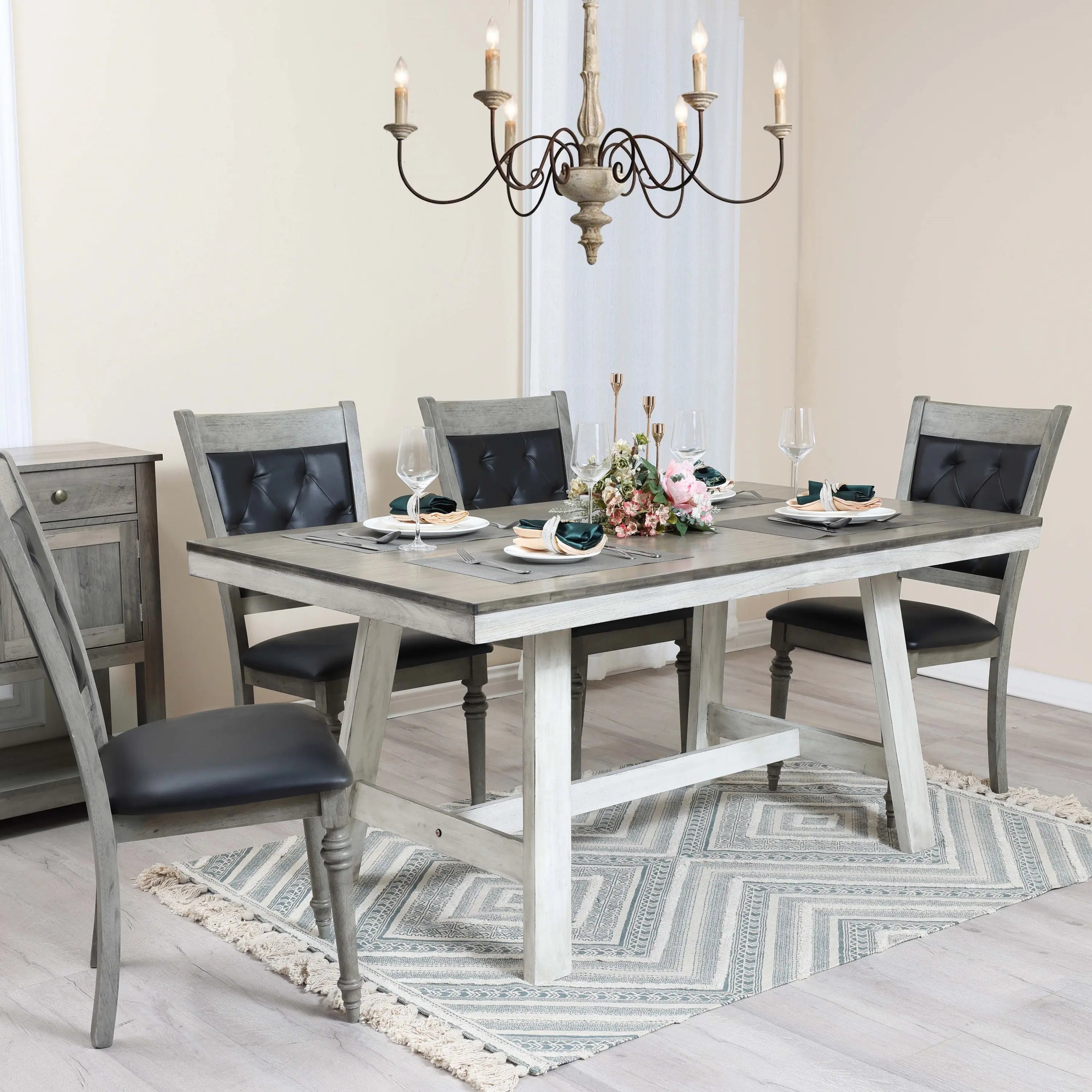Modern Gray Rubberwood and Upholstered Black Dining Chair, Set of 2 - LuxenHome