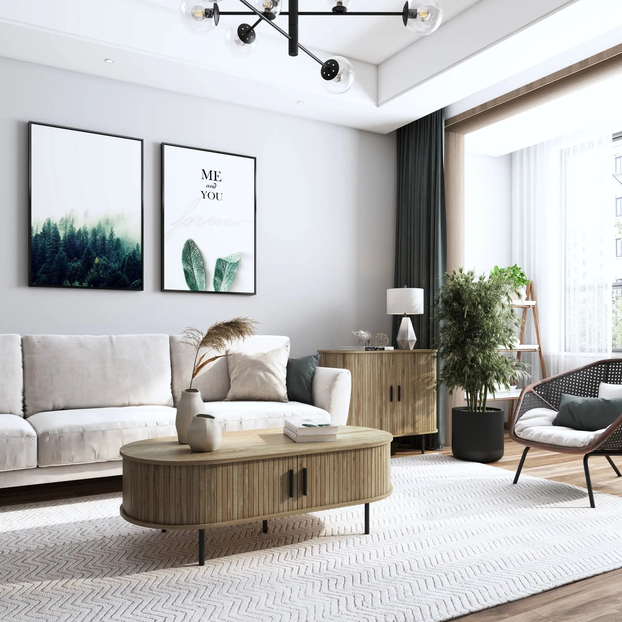 A modern living room featuring a beige sofa and an oval wooden coffee table with an oak grain finish. Two wall art pieces adorn the walls, complemented by potted plants. Natural light streams through large windows with sheer curtains, illuminating a Mid-Century Modern accent cabinet.