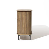 Mid-Century Modern Accent Cabinet featuring a stylish oak grain finish and slatted tambour doors, with rounded edges and standing elegantly on black metal legs, viewed from the side.