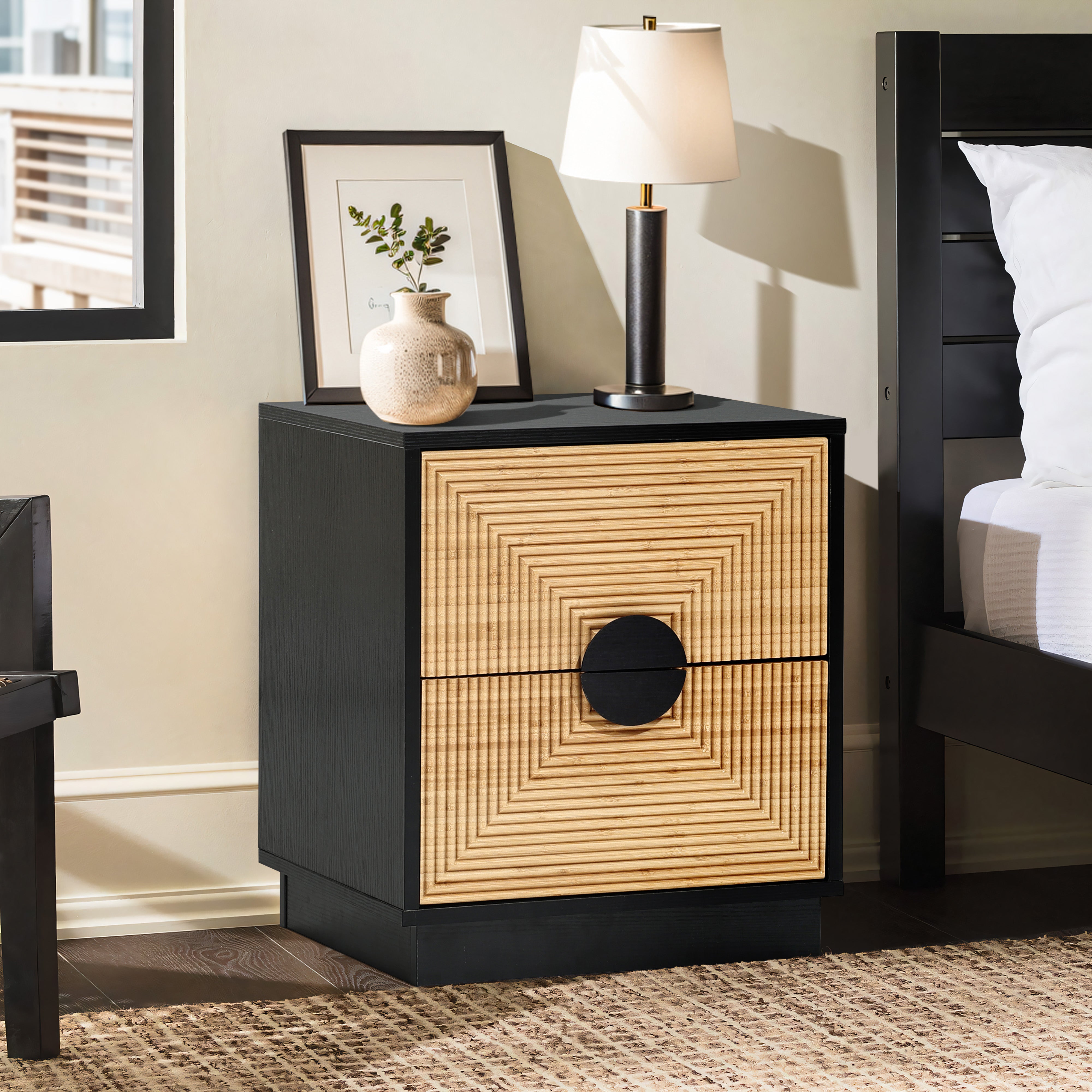 boho dresser and nightstand set LuxenHome Modern Boho 2 Drawer Black Side Table with Bamboo Strips