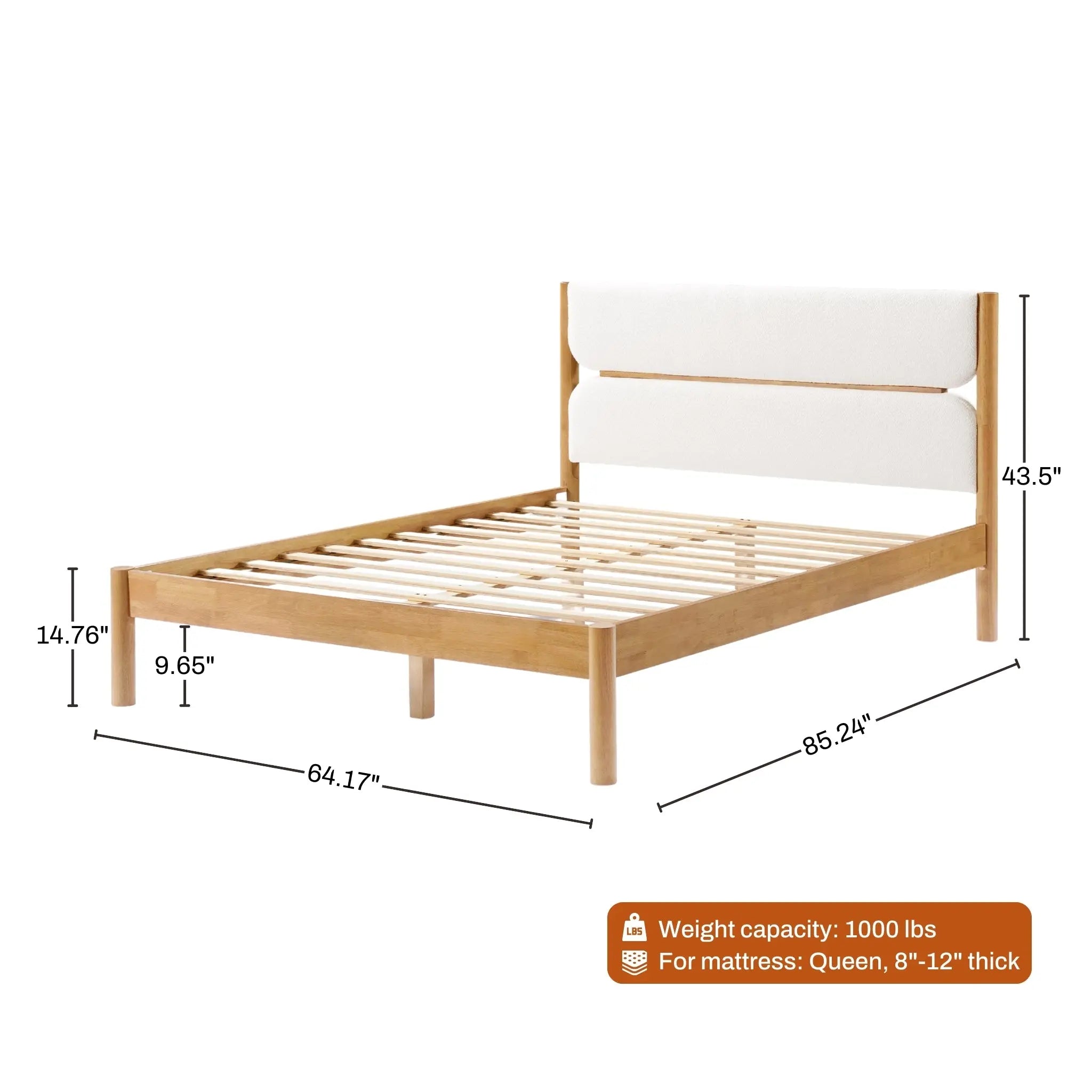 Experience modern sophistication with this solid wood bed frame featuring a stylish headboard. Measuring 85.24 long, 64.17 wide, and 43.5 high, it elegantly supports a queen mattress, enhanced by slats 9.66 from the ground and a weight capacity of 1000 lbs.