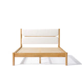 Solid wood bed frame with a luxurious white boucle fabric cushioned headboard, showcased against a pristine white backdrop, exuding modern sophistication.