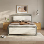 Modern bedroom with a minimalist aesthetic features a bed with white and brown bedding, complemented by a gray bed frame. Flanked by wooden nightstands and illuminated by a pendant light, the room also showcases abstract art on the wall and a rug on the wooden floor.