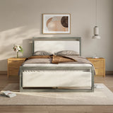 Modern bedroom with a minimalist aesthetic features a bed with white and brown bedding, complemented by a gray bed frame. Flanked by wooden nightstands and illuminated by a pendant light, the room also showcases abstract art on the wall and a rug on the wooden floor.