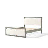 A minimalist gray bed frame features white boucle panels on both the headboard and footboard, perfectly showcased against a plain white background.