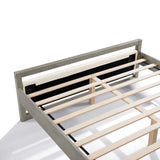 Modern bedroom elegance meets functionality with this gray wooden bed frame, featuring a simple headboard design. The slats and support beam provide sturdy support against a white backdrop.