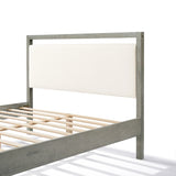 Wooden bed frame with a slatted base and a white boucle upholstered headboard, perfect for a modern bedroom, shown against a clean white background.