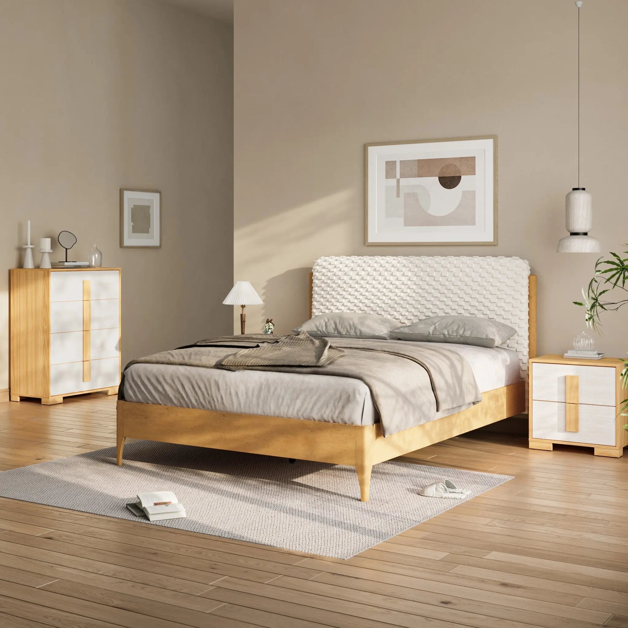 A modern bedroom features a sleek rubberwood platform bed with gray bedding, flanked by two matching nightstands and a dresser. An upholstered headboard adds contemporary visual dimension, while a framed abstract artwork hangs above. A plant stands gracefully in the corner.