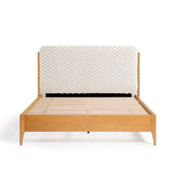 This Rubberwood Platform Bed features a contemporary visual dimension, boasting a wooden frame with an upholstered headboard and a slatted base, ready for your choice of mattress.