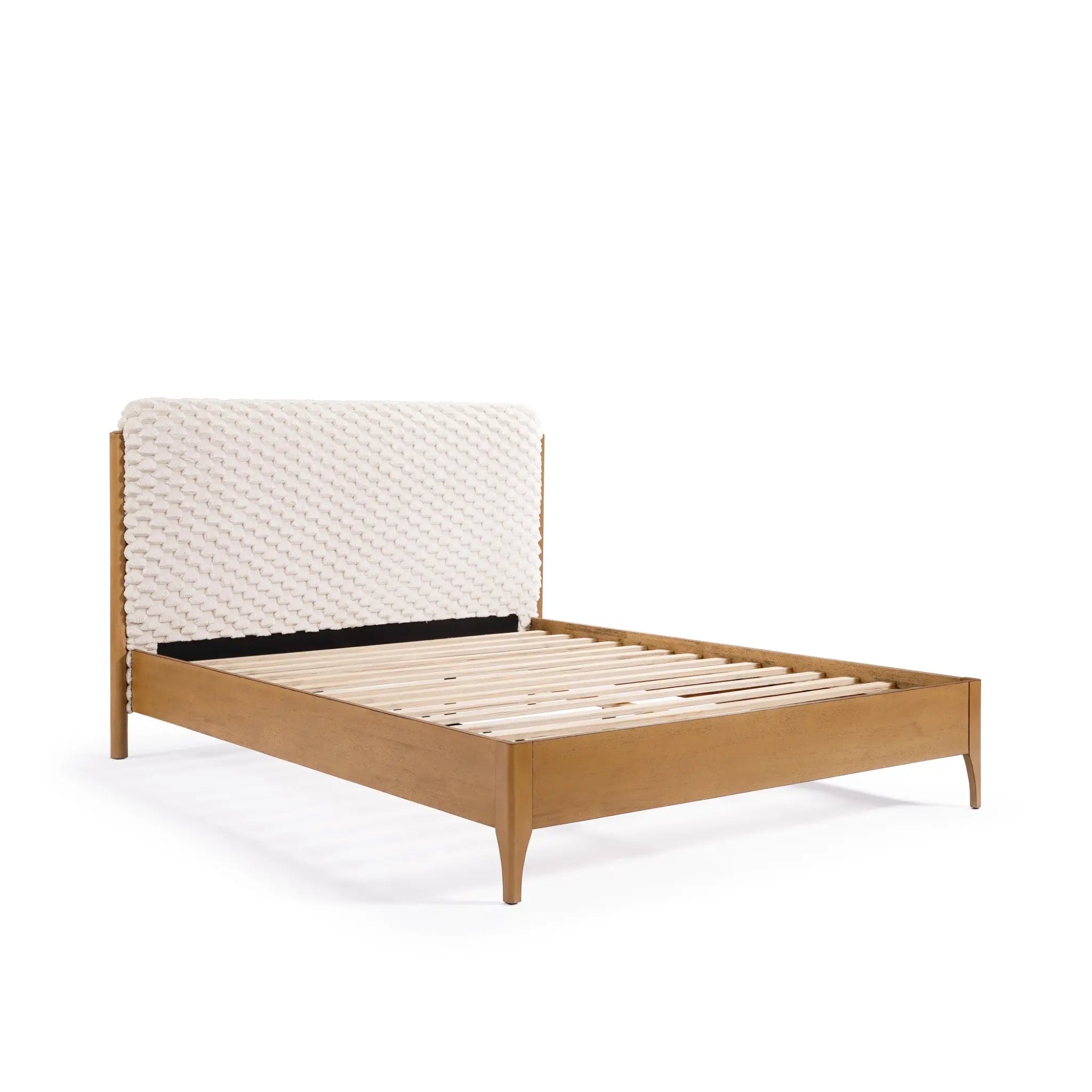 Rubberwood platform bed with a woven beige headboard, shown without a mattress, set against a plain white background.