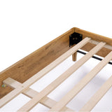 Wooden bed frame with slatted base, metal corner support, and an upholstered headboard adds a contemporary visual dimension.