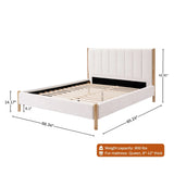 This queen-sized bed features a white boucle headboard with a subtle vertical stripe design, supported by sturdy wooden legs. With dimensions of 66.34 x 85.24 x 42.91, its perfect for an 8-12 thick mattress and boasts an impressive weight capacity of 800 lbs.