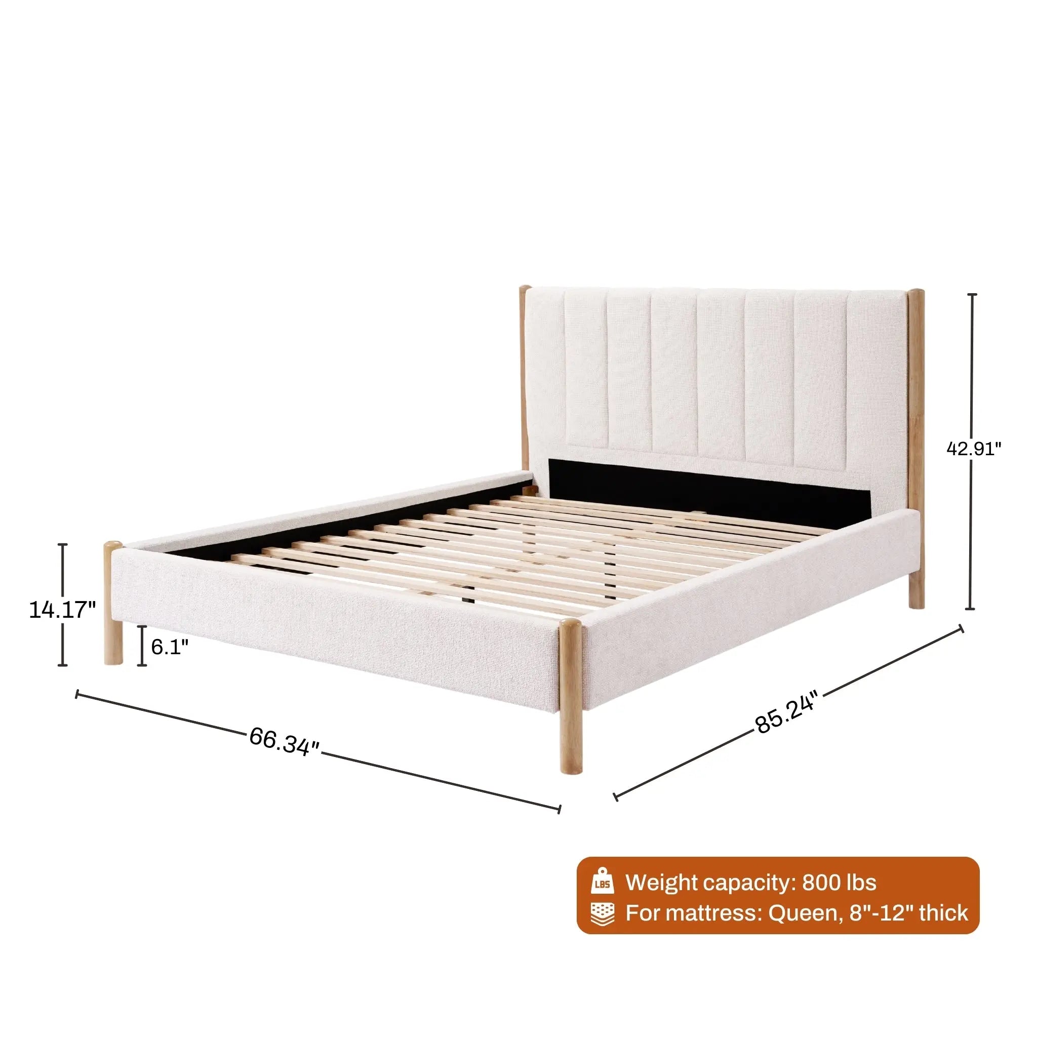 This queen-sized bed features a white boucle headboard with a subtle vertical stripe design, supported by sturdy wooden legs. With dimensions of 66.34 x 85.24 x 42.91, its perfect for an 8-12 thick mattress and boasts an impressive weight capacity of 800 lbs.