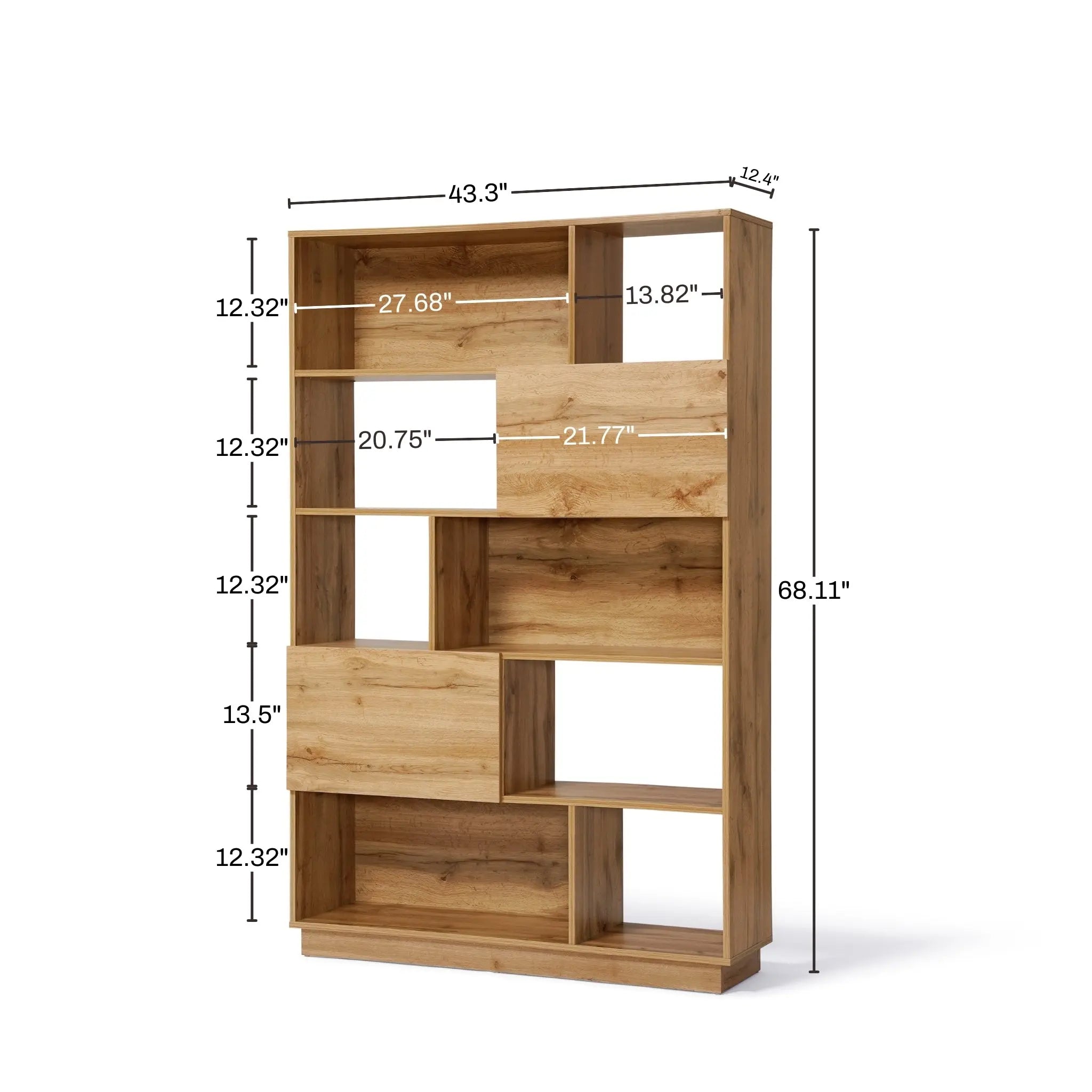 Modern-style wooden bookshelf featuring staggered open shelves and two closed compartments, offering ample storage. Finished in light walnut, its dimensions are 43.3 wide and 68.11 high, with various shelf heights and widths to suit your needs.