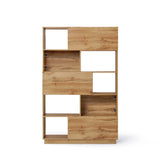Modern-style bookshelf with an asymmetrical design, offering ample storage through open and closed compartments of various sizes. Finished in light walnut, it effortlessly blends style and function.
