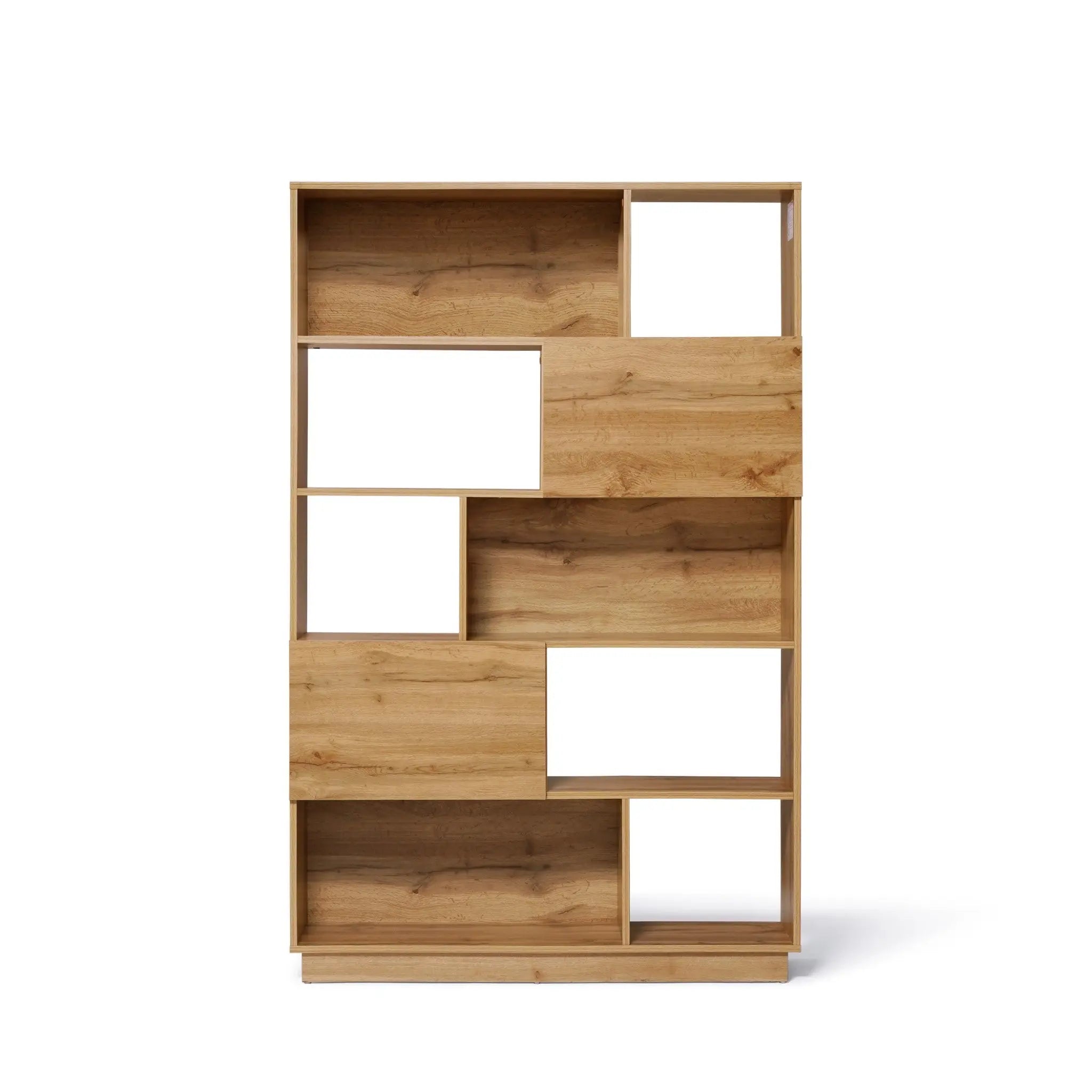 Modern-style bookshelf featuring a light walnut finish and asymmetrical rectangular compartments in varying sizes, offering ample storage.