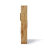 Side view of a tall, narrow wooden cabinet with a light walnut finish and modern-style bookshelf design, offering ample storage.