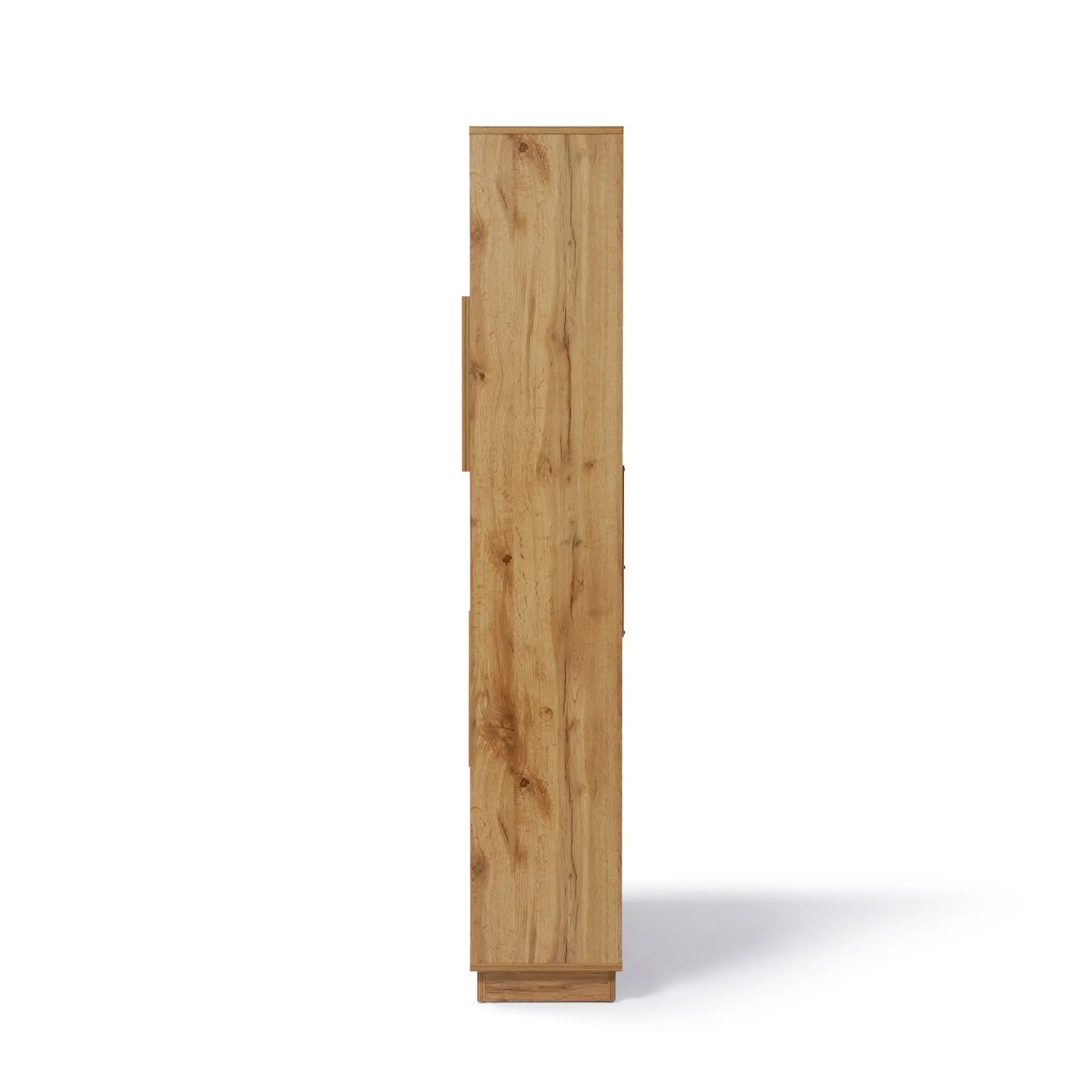 Side view of a tall, narrow wooden cabinet with a light walnut finish and modern-style bookshelf design, offering ample storage.