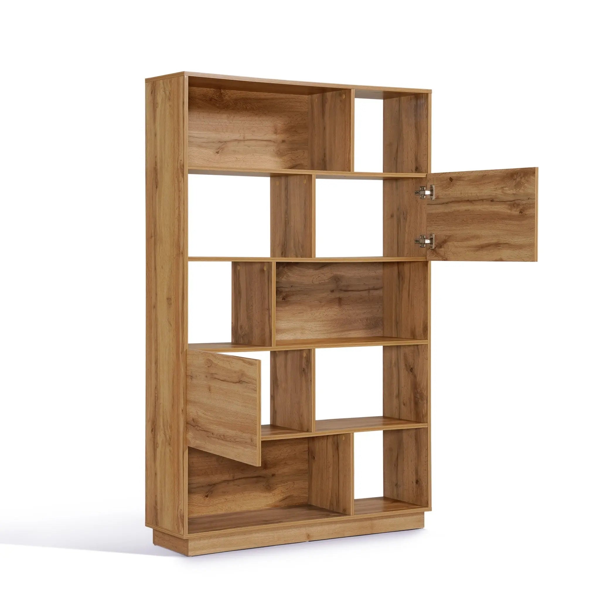 A modern-style bookshelf with an open, geometric design features nine compartments, three with doors, and stands against a white background. The light walnut finish adds elegance while offering ample storage for books and decor.