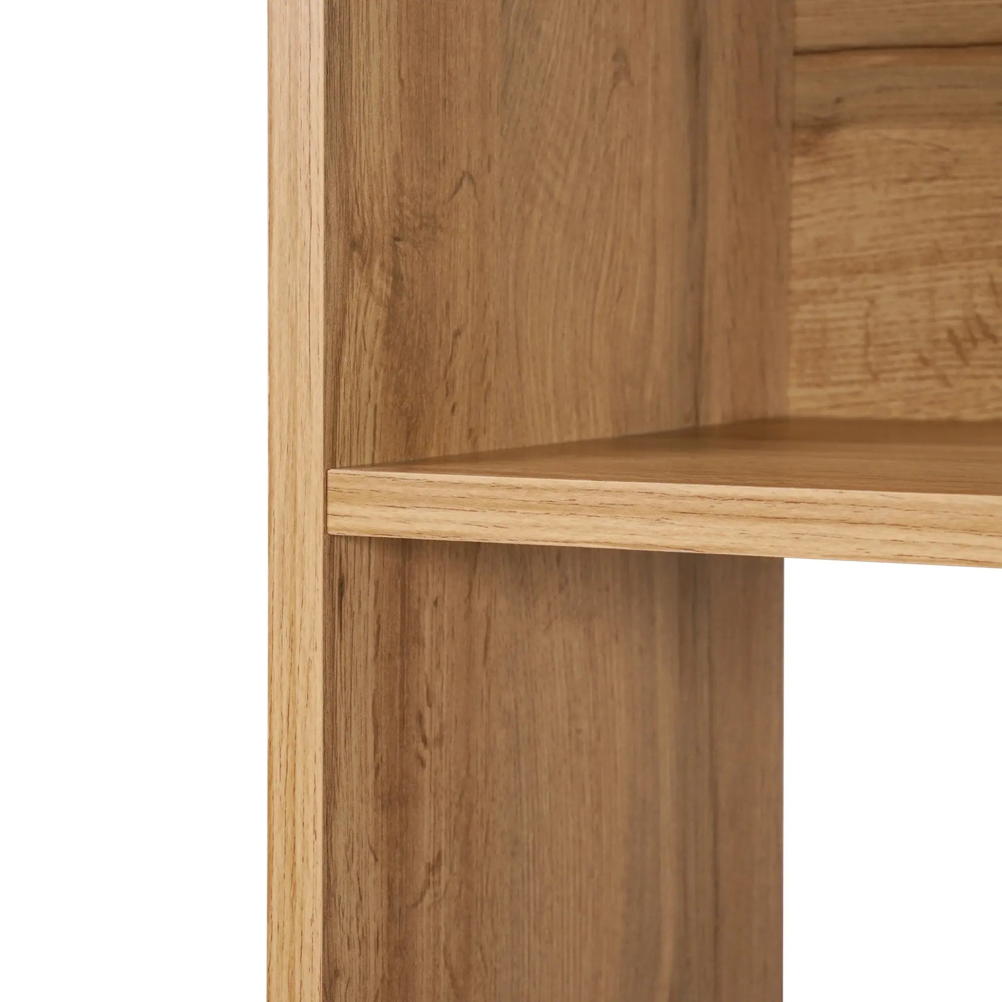 Close-up of a modern-style bookshelf corner with a light walnut finish, highlighting a vertical and horizontal panel. The detailed image showcases the wood grain pattern, perfectly complementing ample storage options.
