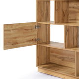 A modern-style bookshelf with a light walnut finish features multiple shelves and an open door on the left, revealing ample storage space inside.
