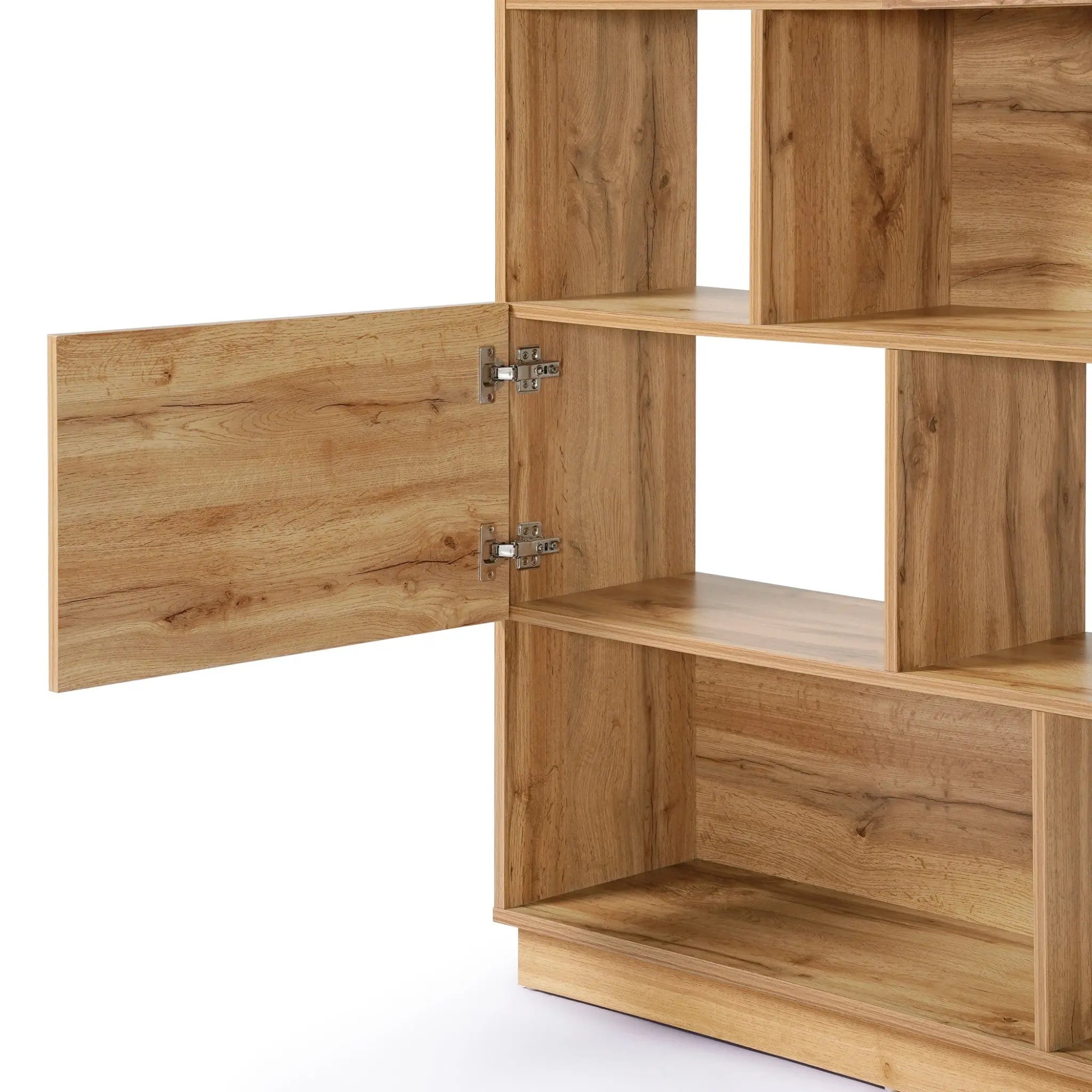 A modern-style bookshelf with a light walnut finish features multiple shelves and an open door on the left, revealing ample storage space inside.