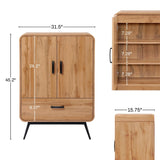 A freestanding cabinet in a walnut oak finish, this piece boasts mid-century modernism charm with its two doors and a drawer. Inside, the dimensions are 45.2 tall, 31.5 wide, and 15.75 deep, with shelves spaced 7.28 apart, offering stylish yet practical storage solutions.