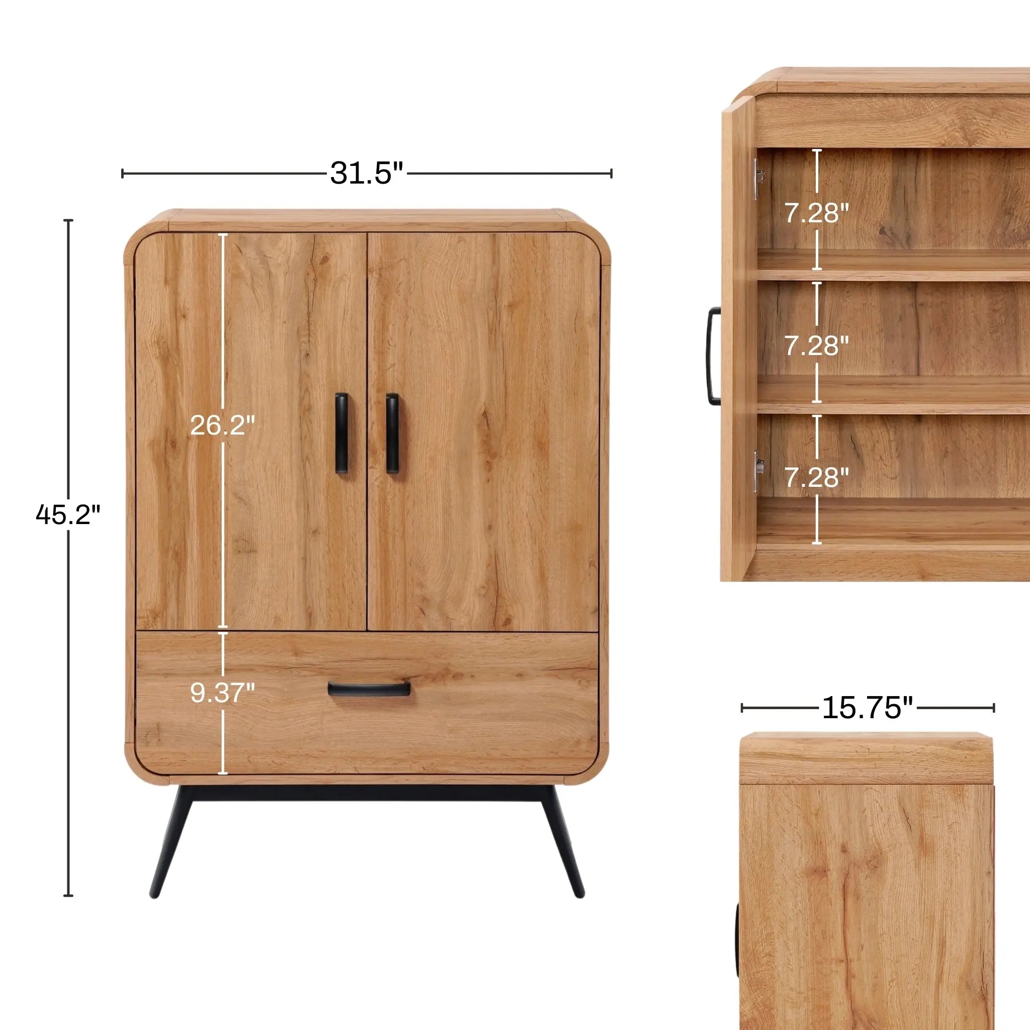 A freestanding cabinet in a walnut oak finish, this piece boasts mid-century modernism charm with its two doors and a drawer. Inside, the dimensions are 45.2 tall, 31.5 wide, and 15.75 deep, with shelves spaced 7.28 apart, offering stylish yet practical storage solutions.
