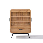 Freestanding wooden cabinet with open shelves and a drawer at the bottom, featuring metal handles and legs, with a stylish walnut oak finish against a white background.