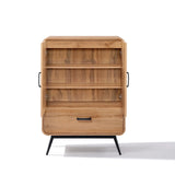 Freestanding wooden cabinet with open shelves and a drawer at the bottom, featuring metal handles and legs, with a stylish walnut oak finish against a white background.