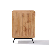 A freestanding cabinet with a walnut oak finish and black metal legs, viewed from the front, captures the essence of mid-century modernism.