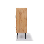 Side view of a freestanding wooden cabinet with a walnut oak finish and dark metal legs, embodying mid-century modernism against a white background.