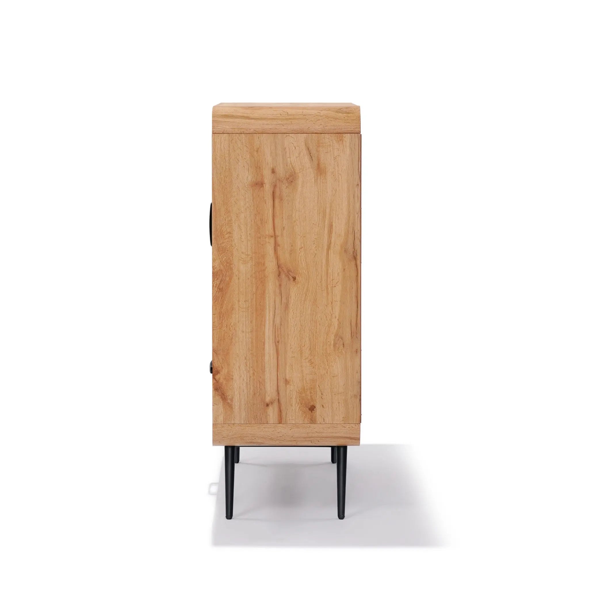 Side view of a freestanding wooden cabinet with a walnut oak finish and dark metal legs, embodying mid-century modernism against a white background.