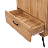 An open wooden drawer with a black handle, part of a freestanding cabinet, showcases its elegant walnut oak finish, complemented by sleek black legs.