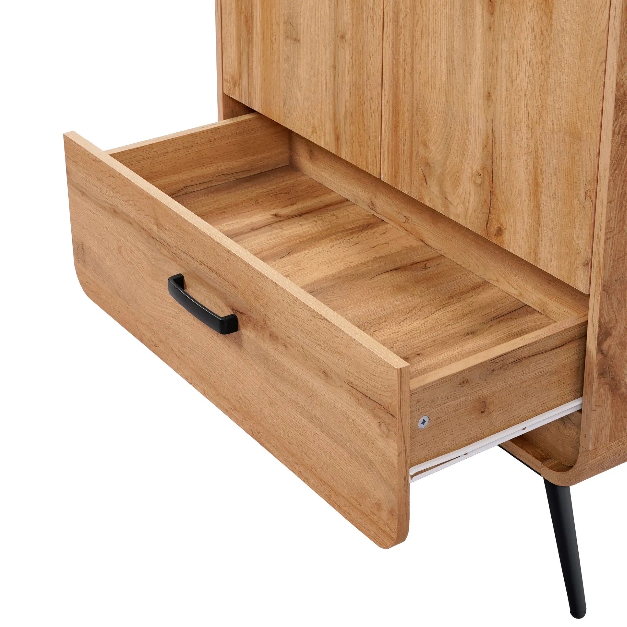 An open wooden drawer with a black handle, part of a freestanding cabinet, showcases its elegant walnut oak finish, complemented by sleek black legs.