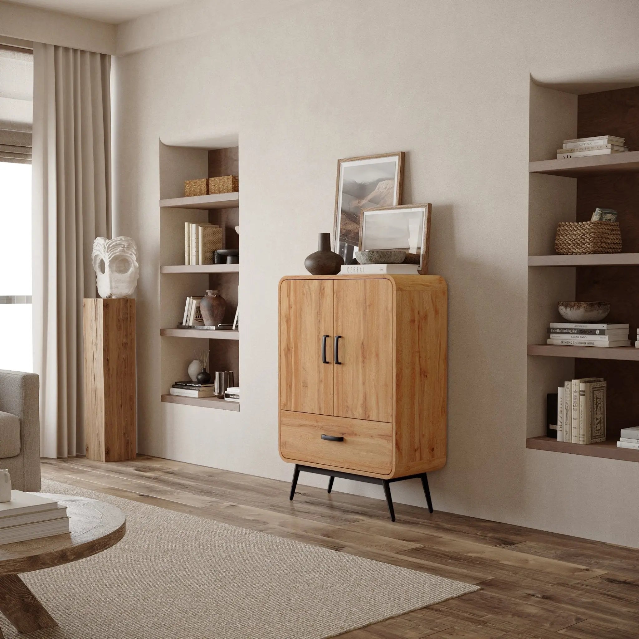 A living room featuring a freestanding wooden cabinet in a walnut oak finish, shelves with books and decor, a tall sculpture, and a round coffee table on a beige rug exudes mid-century modernism charm.