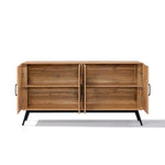 The Randolph wood accent sideboard by LuxenHome features a walnut finish with two open doors revealing internal shelves for ample storage space. It stands on black metal legs, blending functional elegance with modern design.