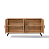 The Randolph wood accent sideboard by LuxenHome features a walnut finish with two open doors revealing internal shelves for ample storage space. It stands on black metal legs, blending functional elegance with modern design.