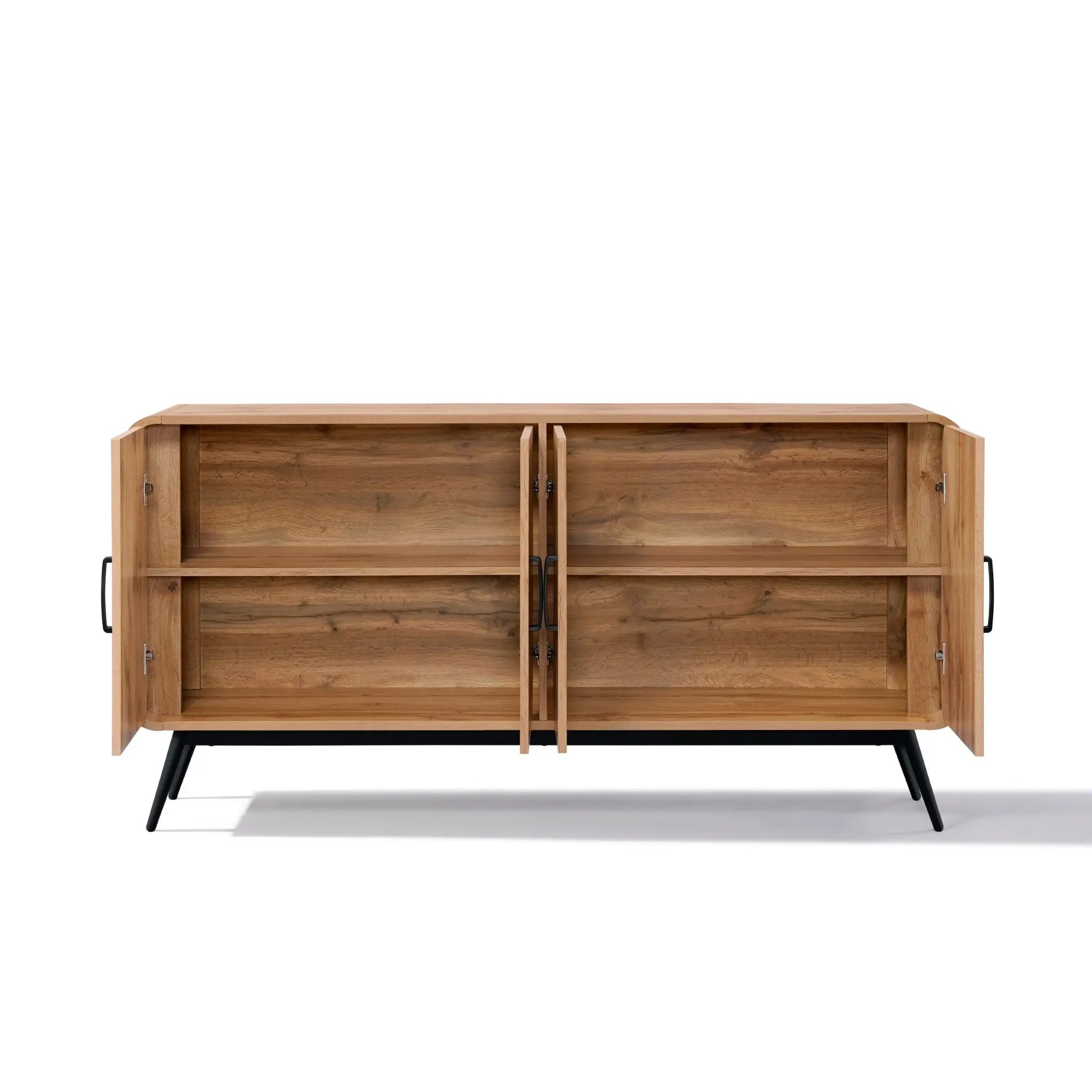 The Randolph wood accent sideboard by LuxenHome features a walnut finish with two open doors revealing internal shelves for ample storage space. It stands on black metal legs, blending functional elegance with modern design.