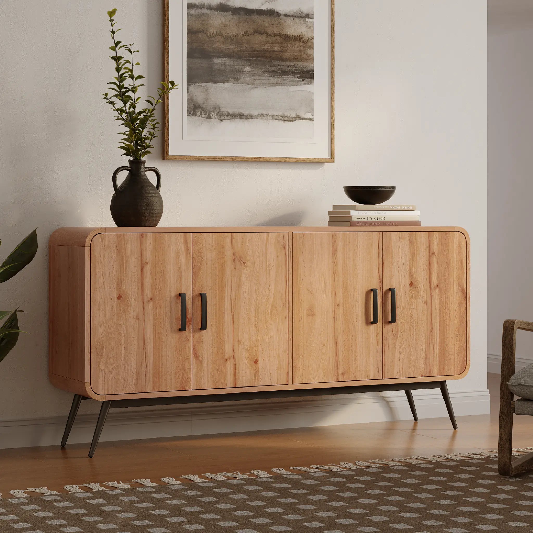 LuxenHome 4-Door with Soft Close 63-Inch Wide Sideboard Server Cabinet with Black Metal Legs
