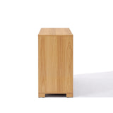 Side view of a wooden cabinet with a light wood finish on a white background, embodying minimalist design.