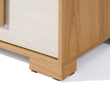 This mid-century modern dresser features a wooden corner with a striking light and dark wood grain finish, complemented by a rectangular base that exudes minimalist design.