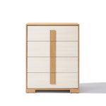 A mid-century modern design, this wooden 4-drawer chest is a stylish storage solution. It features four horizontal drawers with a two-tone look in light and natural wood set against a crisp white background.